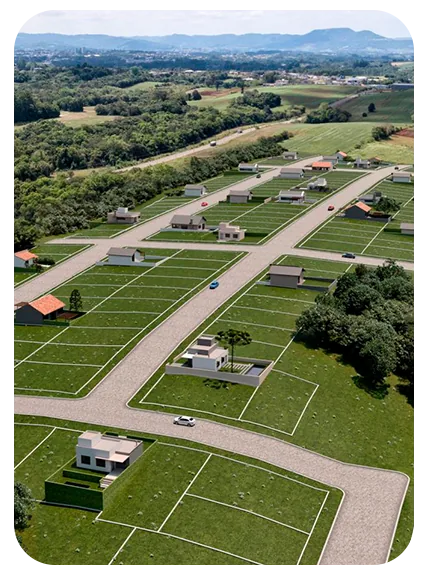Vista aérea de quadras e áreas verdes do loteamento